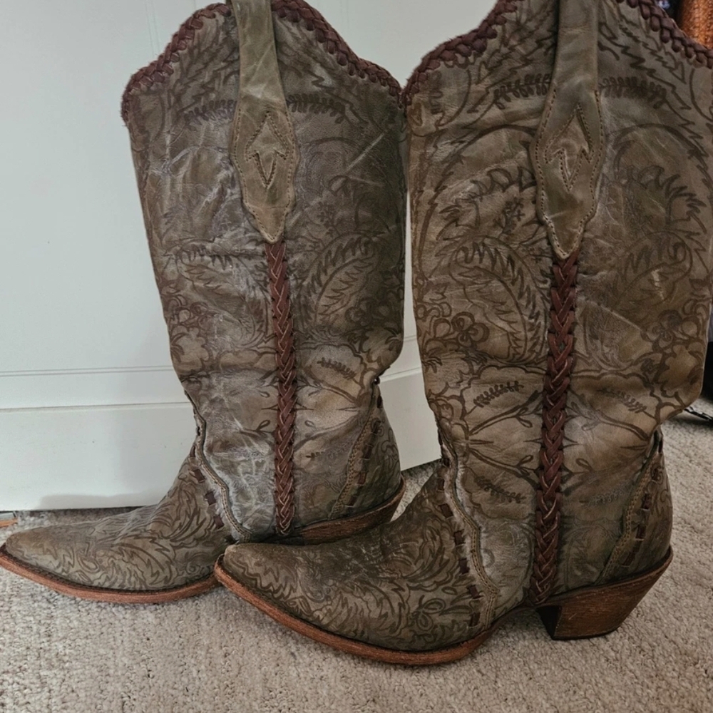 Corral Olive and Brown Embroidered Heeled Boots